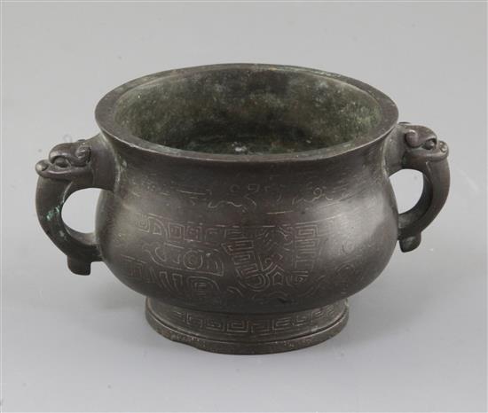 A Chinese bronze and silver wire inlaid gui censer, 17th/18th century, width 12cm, shallow dent to foot